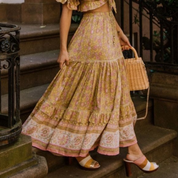Dresses & Skirts - Boho gypsy Yellow Floral Print Ruffle Maxi Skirt